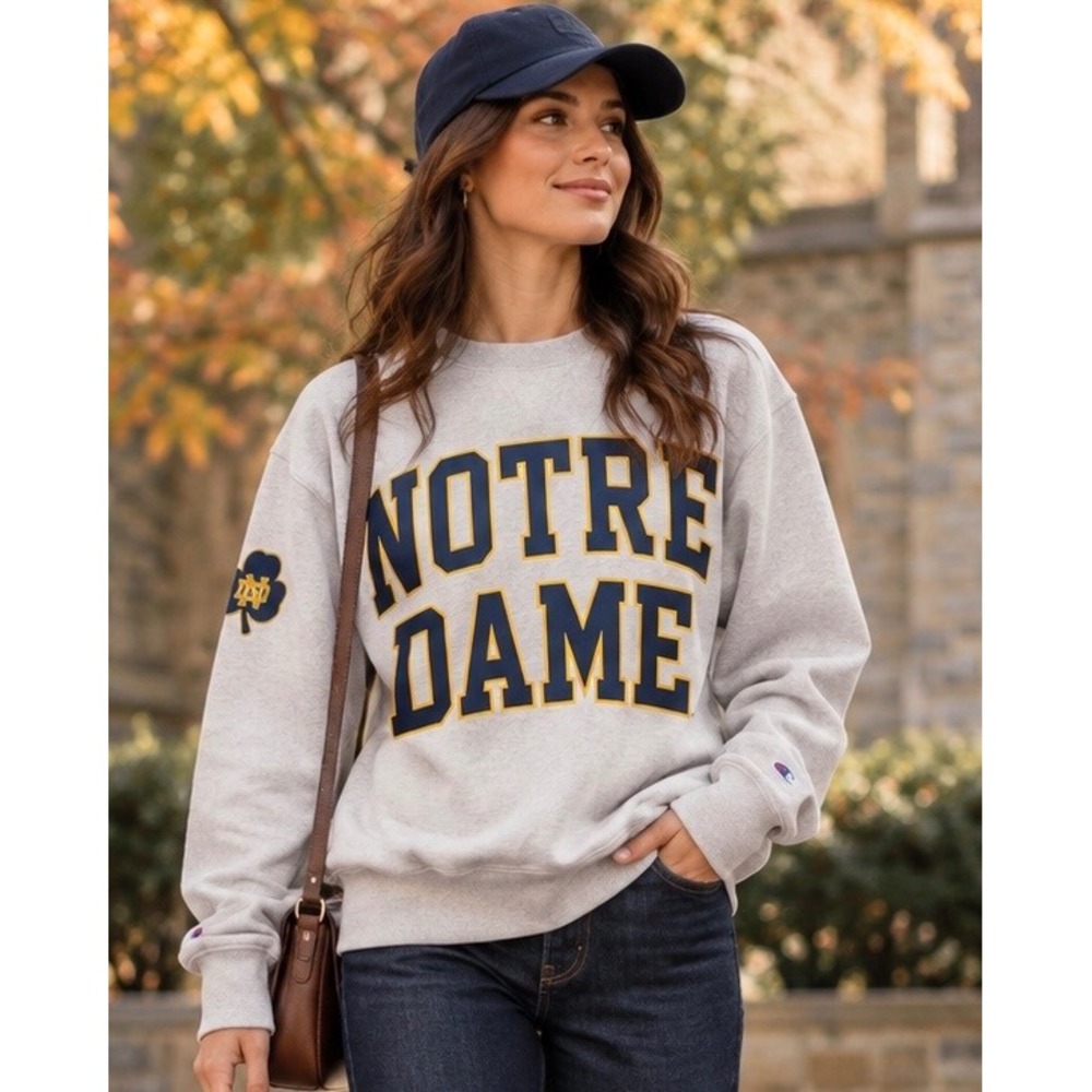 Vintage Y2K Champion Notre Dame Reverse Weave Satin Appliqué Sweatshirt Men's S
